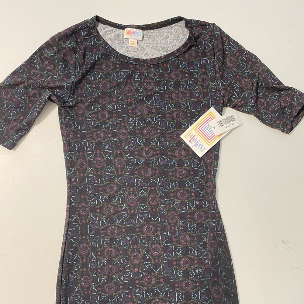 LuLaRoe Julia Dress Dark Purple Short Sleeve Geometric Multicolor Pattern XXS